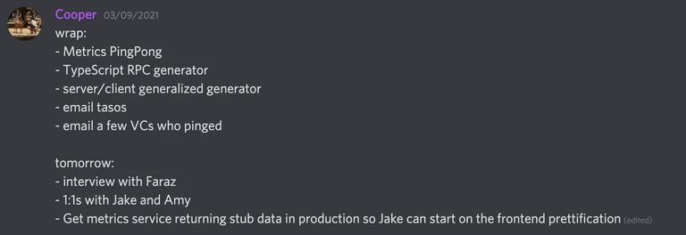 A daily wrap post in Discord listing yesterday's work and tomorrow's plan