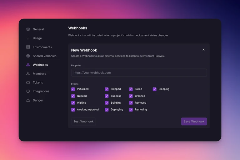 Webhooks page—with a list of events that can be filtered to suit your use case.