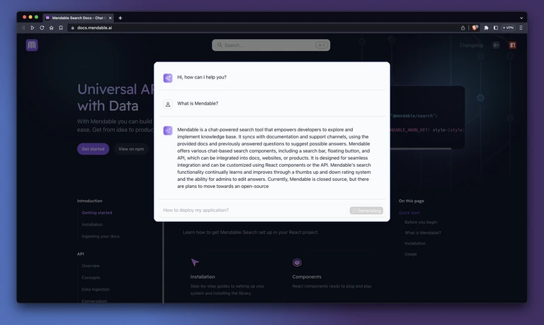 Mendable makes it easy to bring chat search into documentation