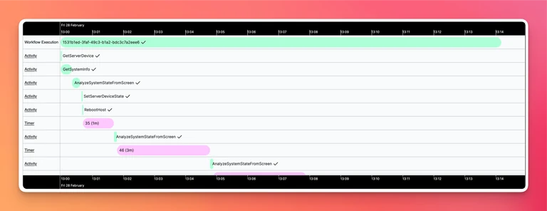 The temporal workflow polls the screen and monitors the install to completion, updating an internal DB at each step