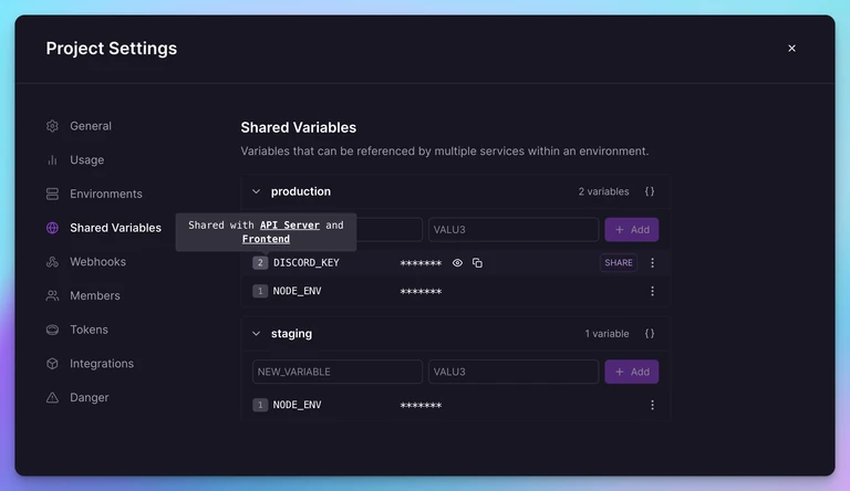Define shared variables and distribute to services from the Project Settings page