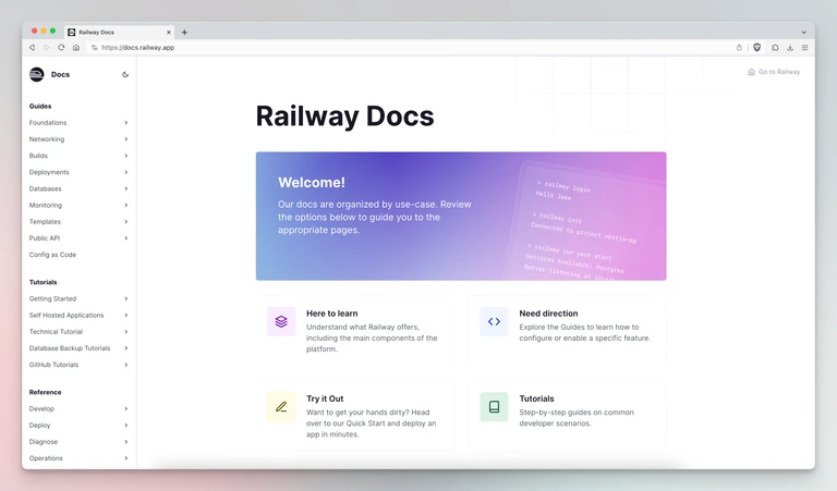 Railway Docs now have dedicated sections for Guides, Tutorials, and more