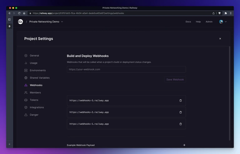 Add multiple webhooks from the Webhooks section of Project Settings