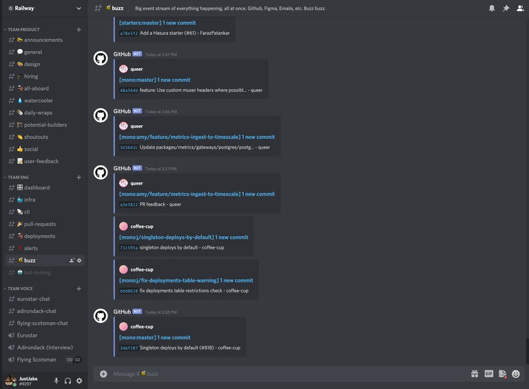 #buzz: Any arbitrary updates. Commits, stars, updates, etc. High bandwidth channel to see what everyone's working on, as a side effect of their actual work.