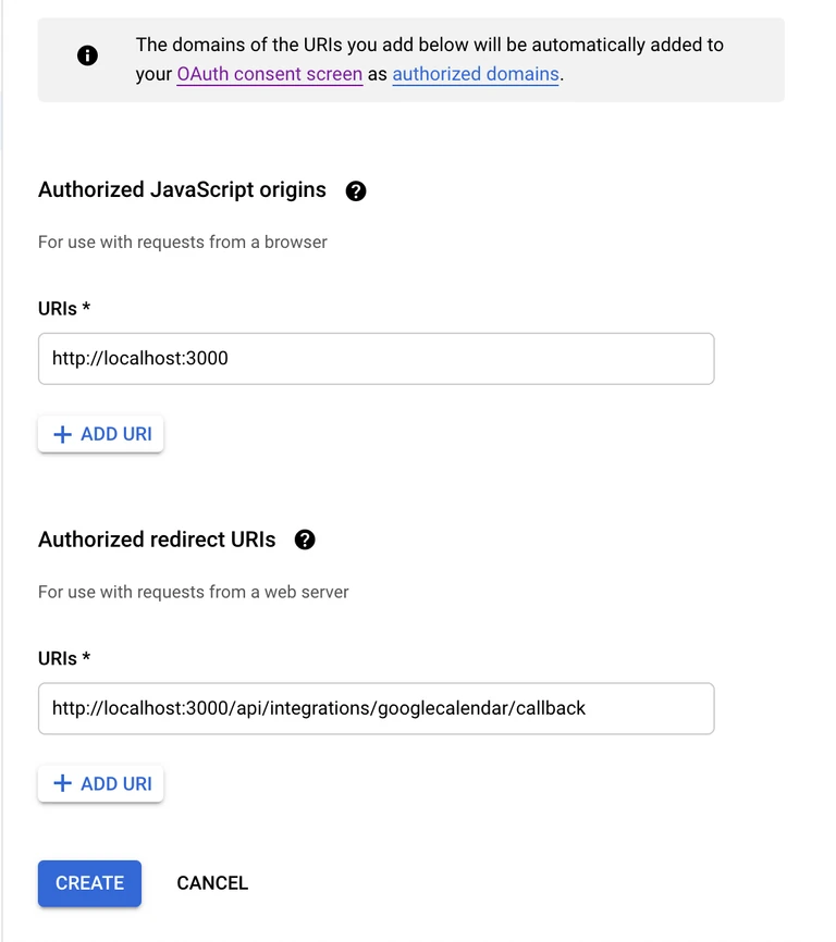 Authorized origin and redirect uri for development