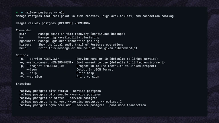 Manage Postgres high availability, recovery, and connection pooling from your terminal.