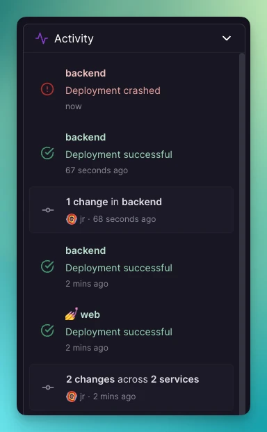 The activity feed now includes deployment events