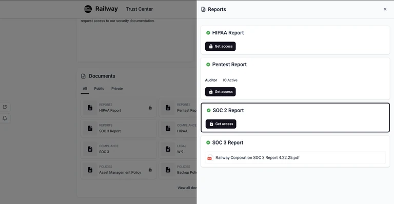 Request SOC 2 Type II from Railway’s Trust Center - trust.railway.com
