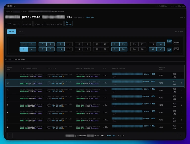 Techtool is a read-only view of buildout - it allows interactively tracing through racks, devices and cables