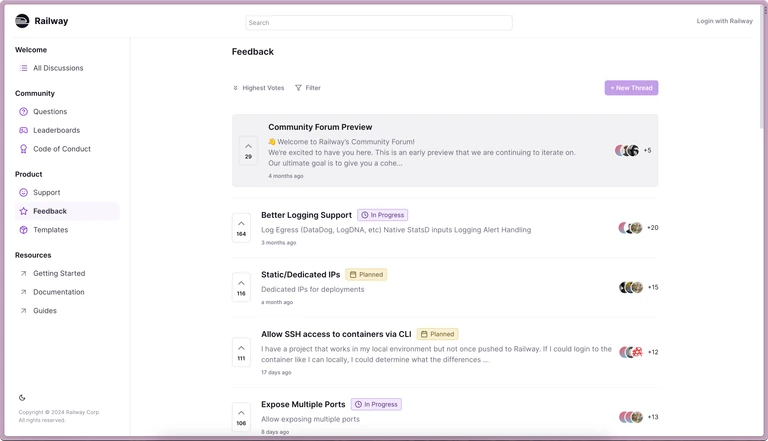 One of the best ways to provide feedback is to open a thread in the Railway Help Center