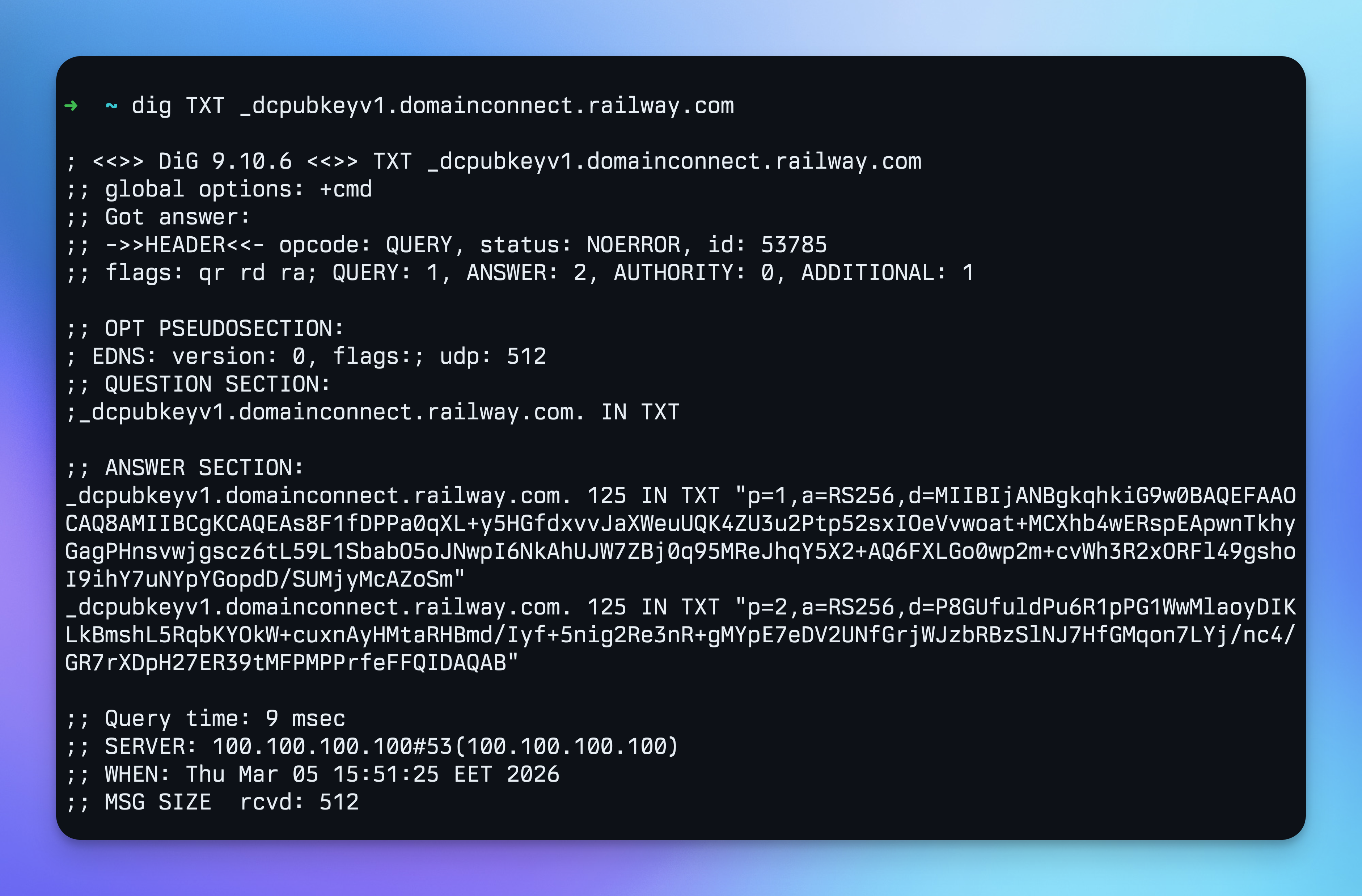 Result of running dig TXT _dcpubkeyv1.domainconnect.railway.com