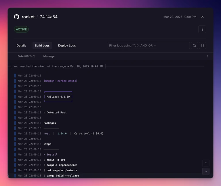 Railpack deploying a Rocket app