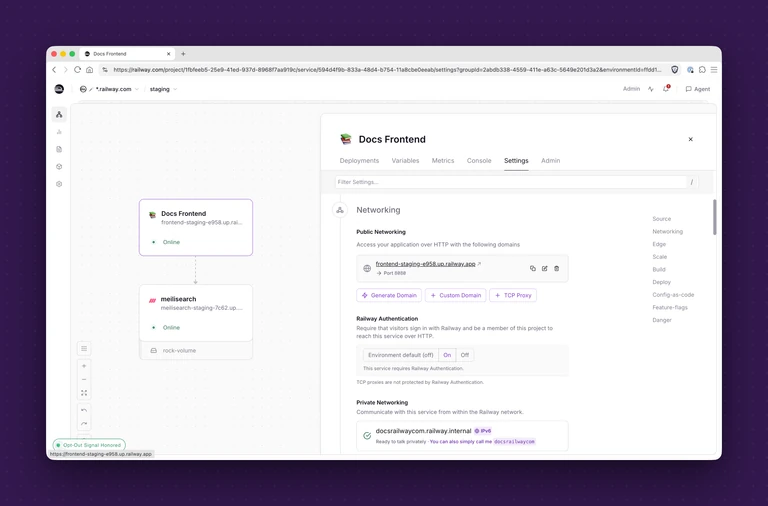 The Docs Frontend service has a unique public url