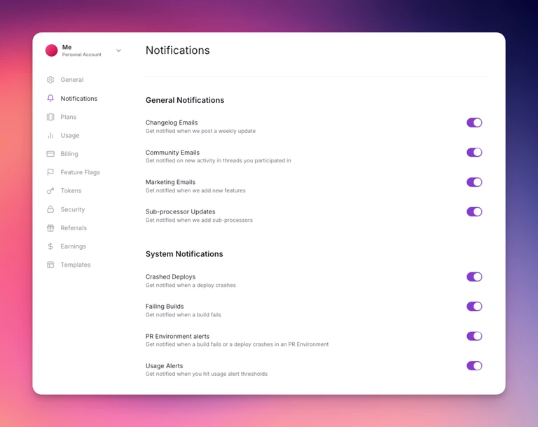 The all new account notifications tab with general and system notifications to toggle on & off