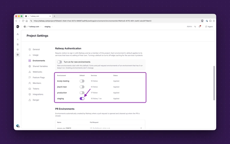 Toggling the staging default to on for Railway Authentication 