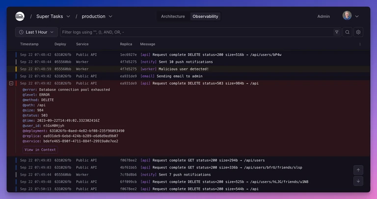 Log Explorer showcasing a structured error log