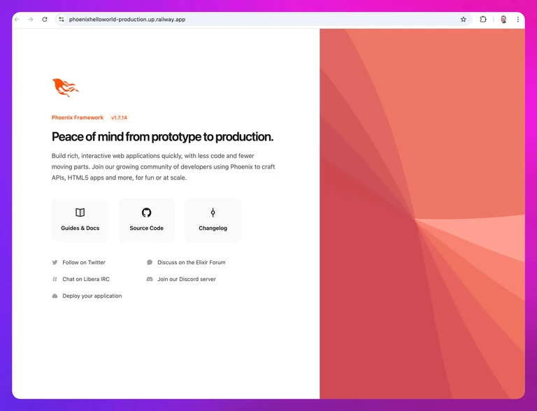 screenshot of the deployed Phoenix service showing the welcome page
