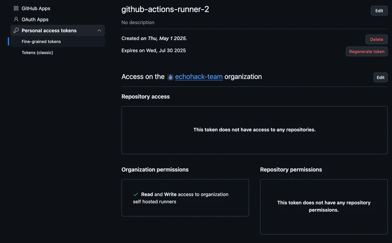 screenshot of a GitHub Fine Grained Access Token