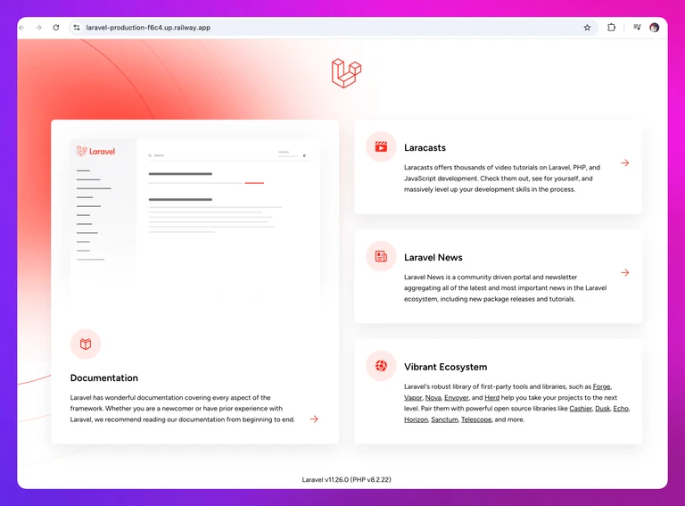 screenshot of the deployed Laravel service showing the Laravel home page