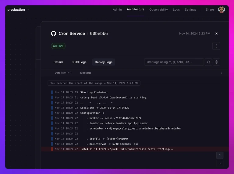 screenshot of the cron service of the Django app