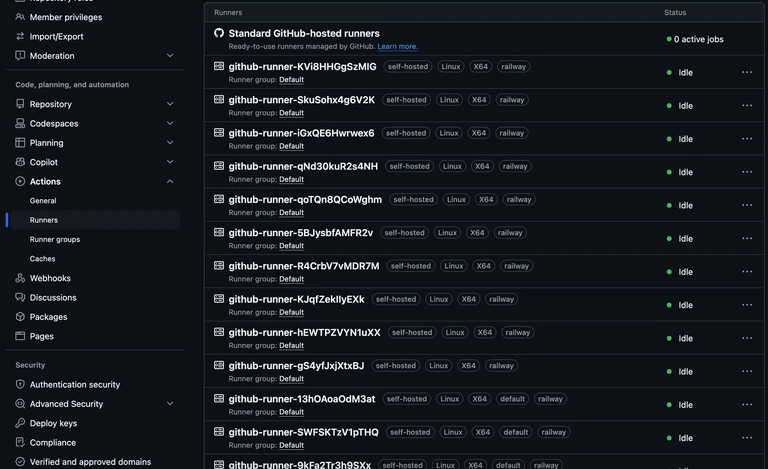 screenshot of viewing your Registered self hosted runners