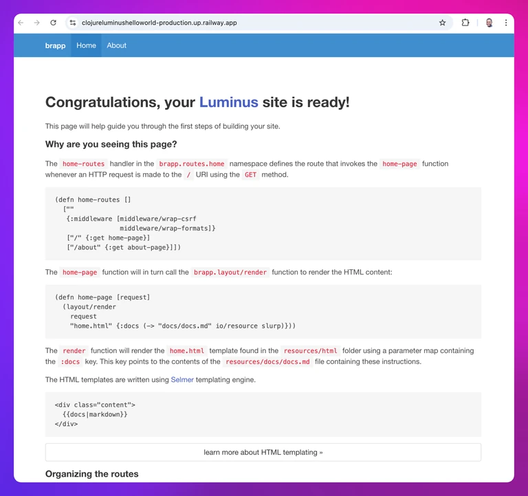 screenshot of the deployed Clojure service