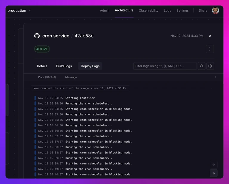 screenshot of the cron service of the Symfony app