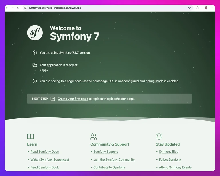 screenshot of the deployed Symfony service