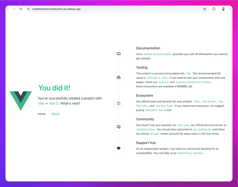 screenshot of the deployed Vue service