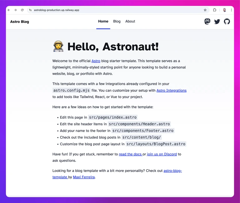 screenshot of the deployed Astro service