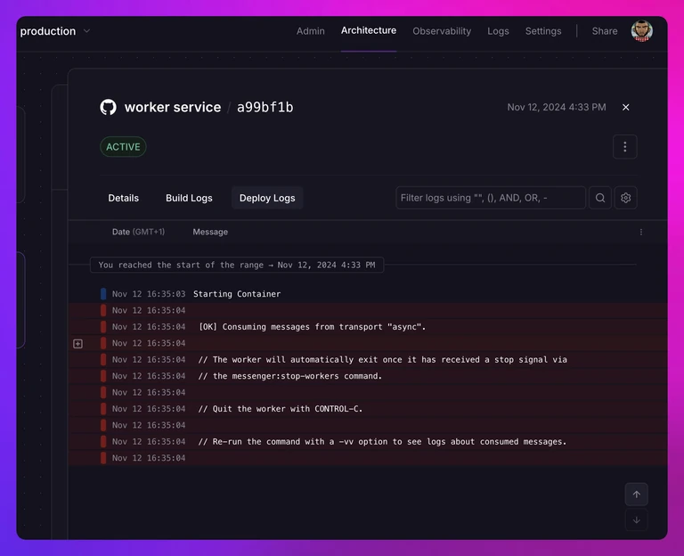 screenshot of the worker service of the Symfony app