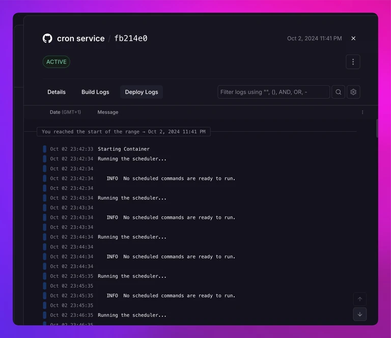 screenshot of the cron service of the Laravel app