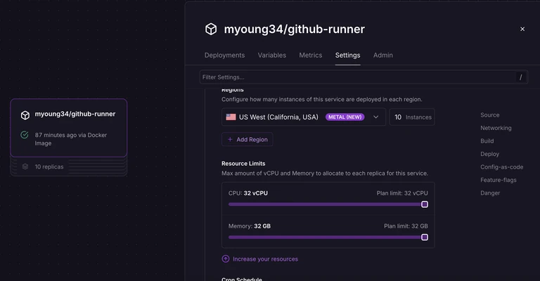 screenshot of scaling up your Railway self hosted Runners with Railway Replicas