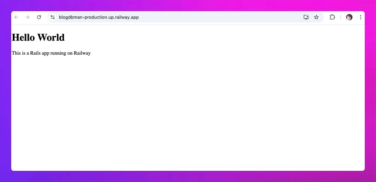 screenshot of the deployed Rails service showing the Hello world page