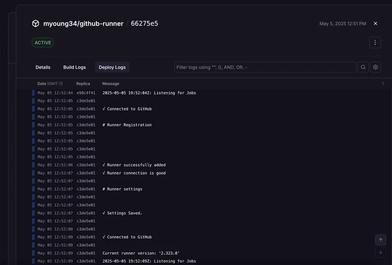 screenshot of a deployment of a self hosted GitHub Actions runner on Railway