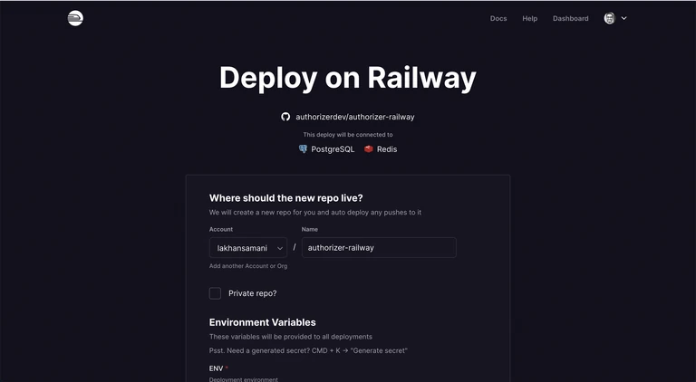 Authorizer template page on Railway