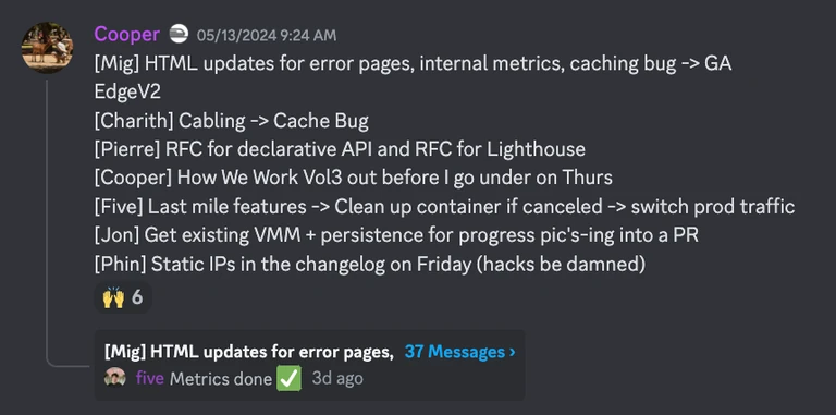 Our “Weekly Big Rocks” thread for the Platform team.