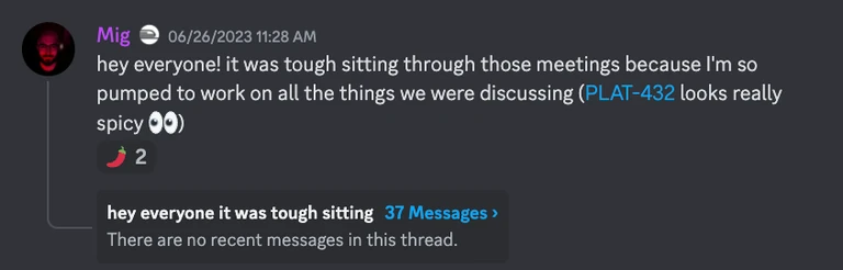 One of the first messages Miguel sent in the company Discord bringing up PLAT-432 (”RFC for DDOS Mitigation”).