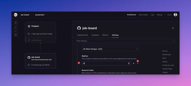 Adding replicas to the Job Board service in Railway