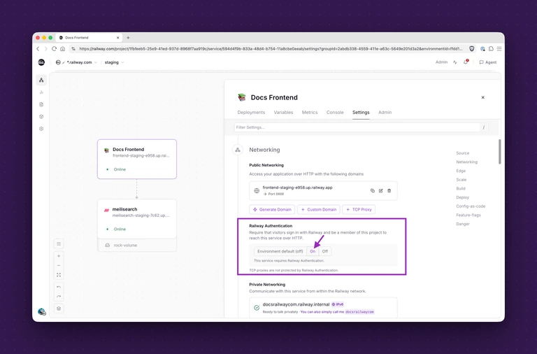 Railway Authentication is also available as a service-level setting