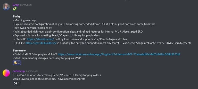 A daily wrap in Discord with a teammate breaking out into a thread