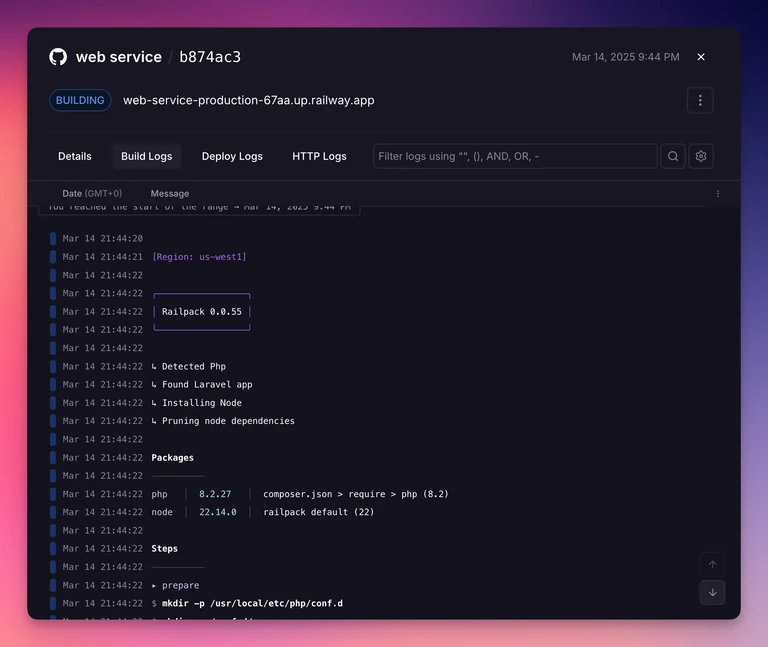 Railpack deploying a Laravel app